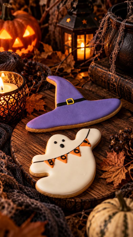 Galletas entre velas y calabazas