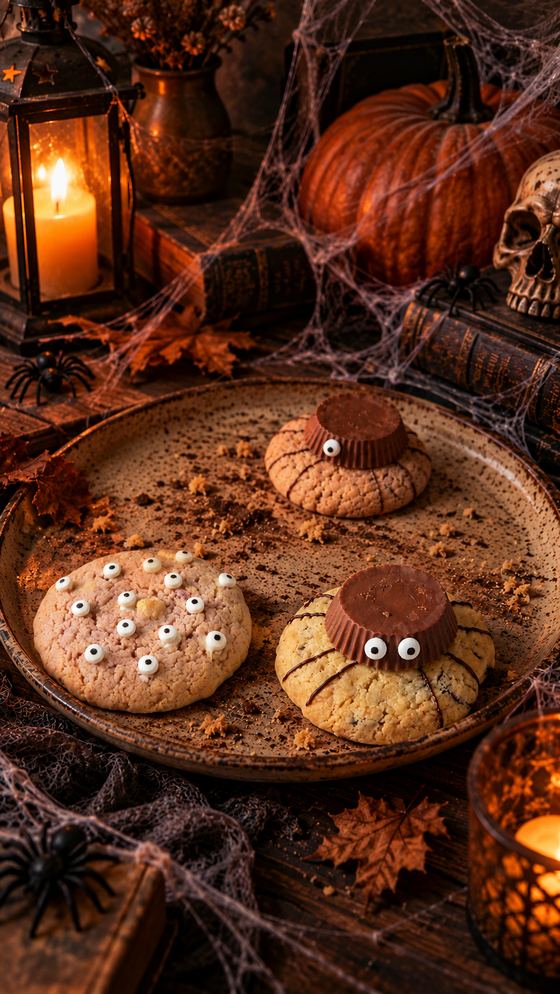 Galletas de Halloween y velas cálidas