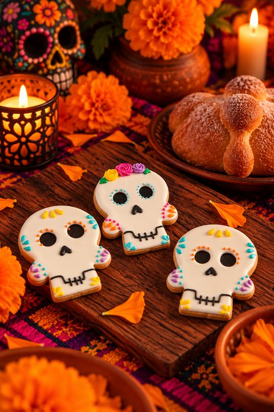 Calaveritas decoradas junto al pan de muerto