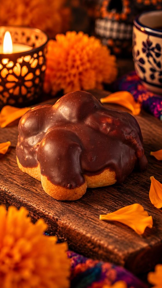 Pan de muerto de chocolate entre cempasúchiles