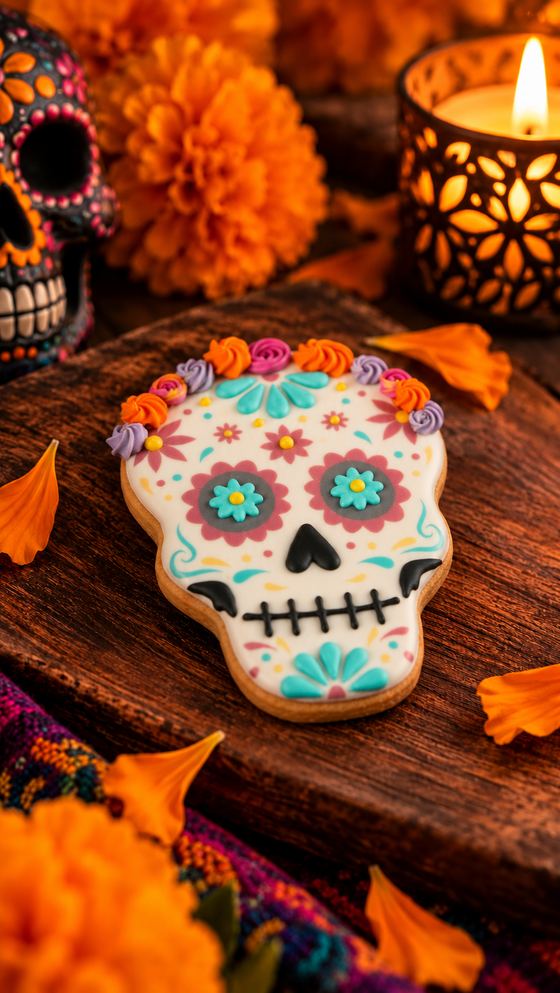 Galleta calavera entre cempasúchiles y velas