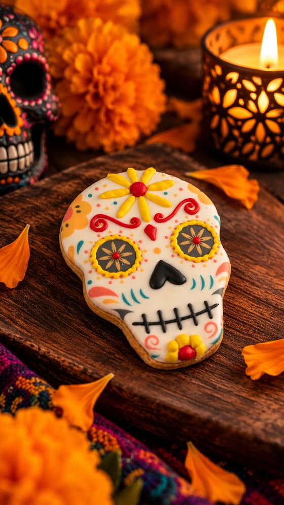 Galleta calavera entre cempasúchiles y velas