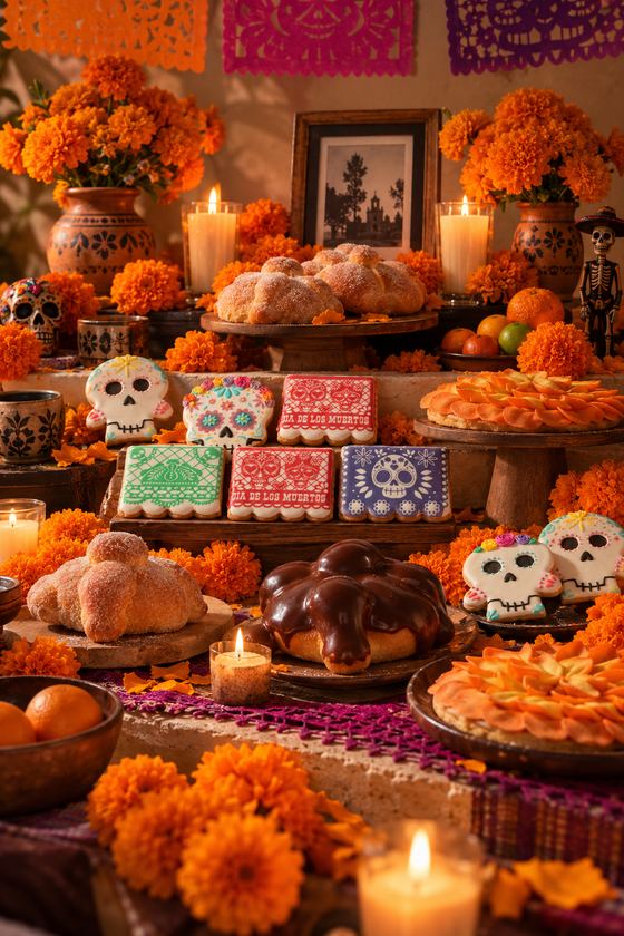 Ofrenda de Día de Muertos con pan de muerto