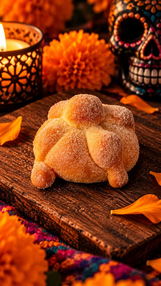 Pan de muerto entre cempasúchiles