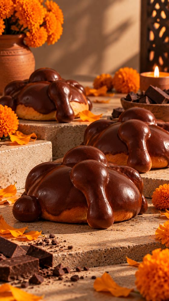 Pan de muerto con chocolate y cempasúchil