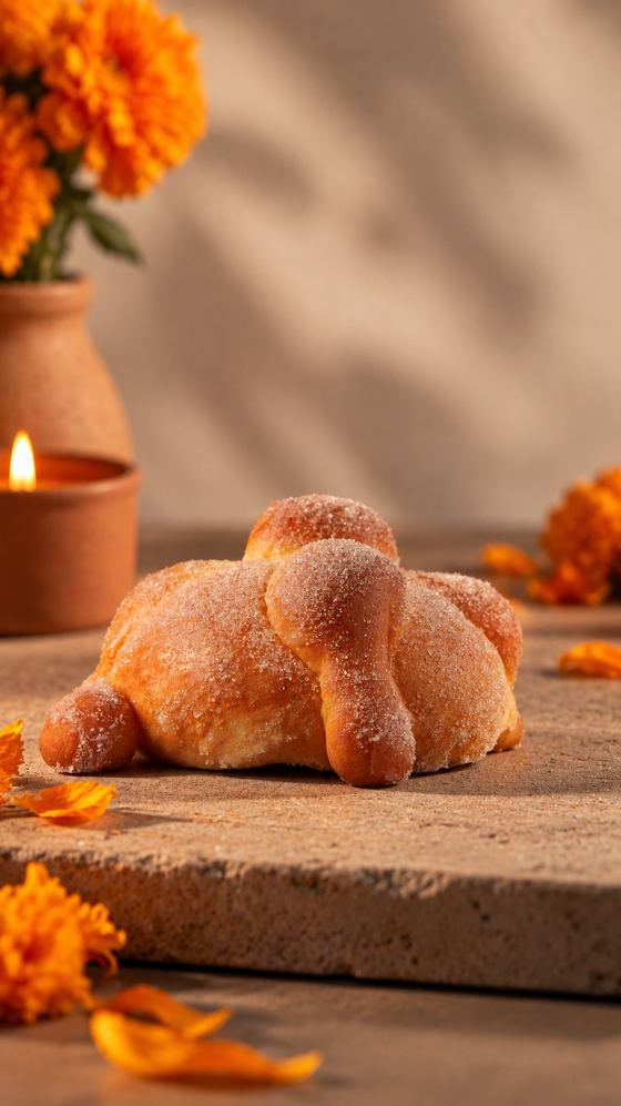Pan de muerto entre cempasúchiles y velas
